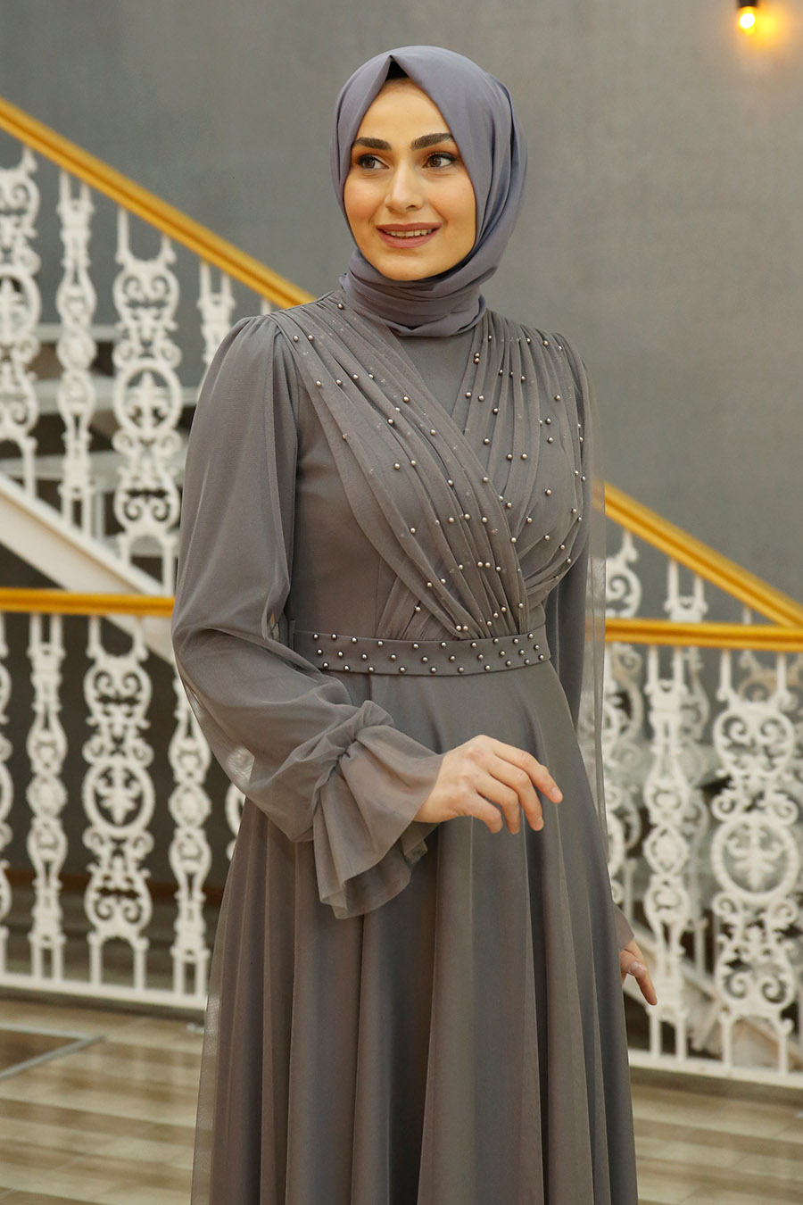 PEARL DETAILED ANTHRACITE EVENING DRESS